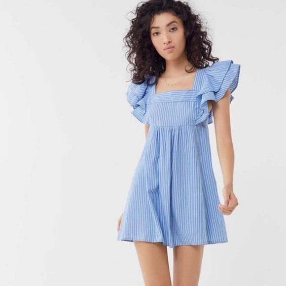 Urban Outfitters Dresses & Skirts - Urban Outfitters Blue White Striped Ruffled Tie Back Casual Boho Babydoll Dress